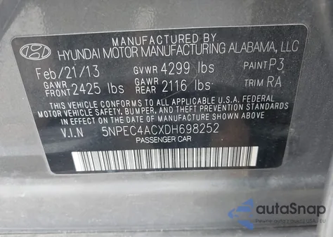 2013 Hyundai Sonata Limited z USA, uszkodzony, nr VIN 5NPEC4ACXDH698252